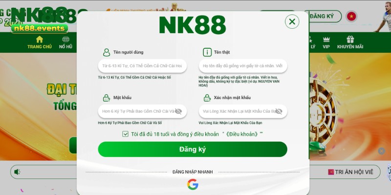 Đăng ký tài khoản hội viên NK88
